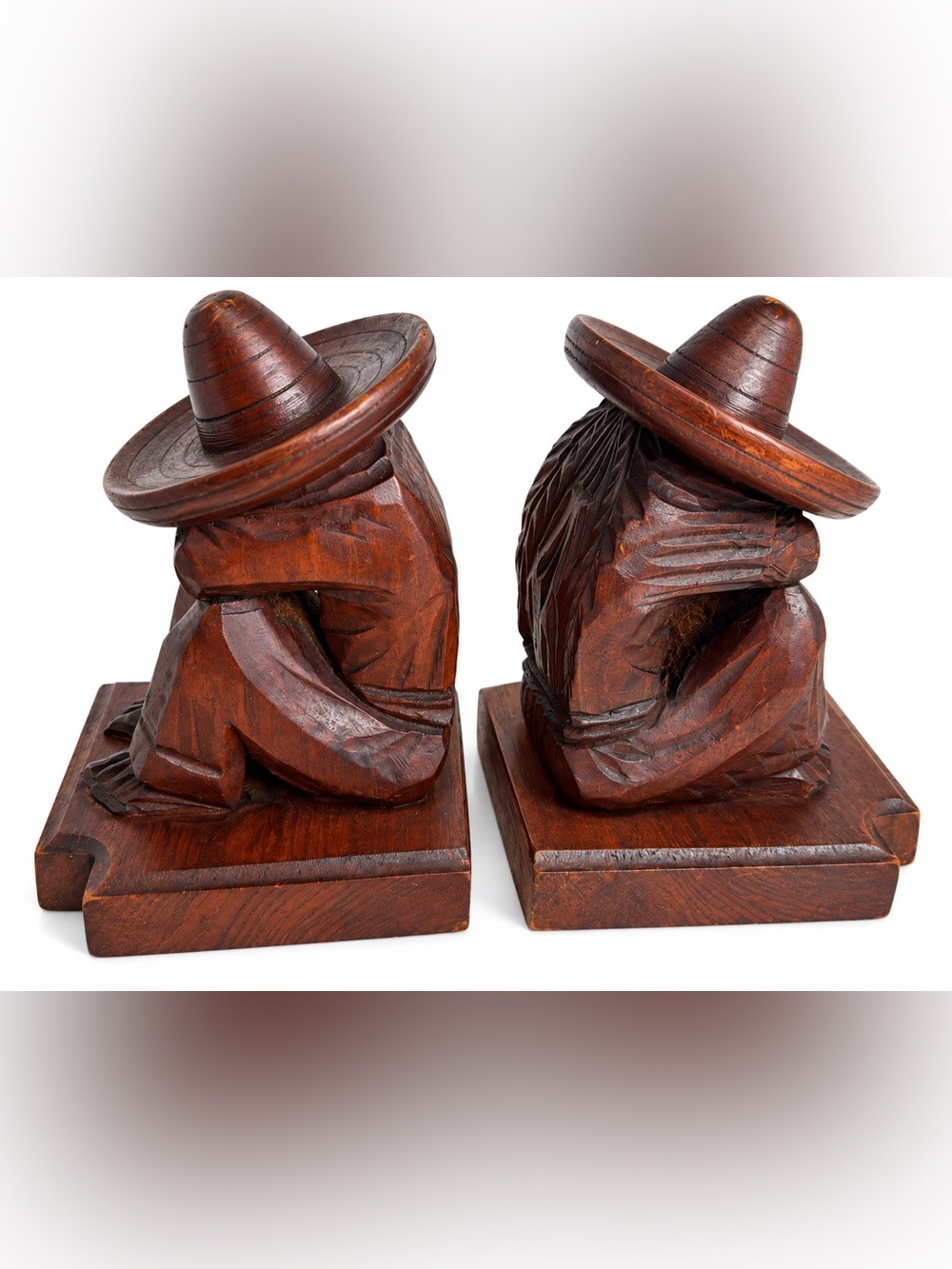 Vintage Hand Carved Wood Mexican Folk Art Bookends Sombrero Siesta Figures Pair